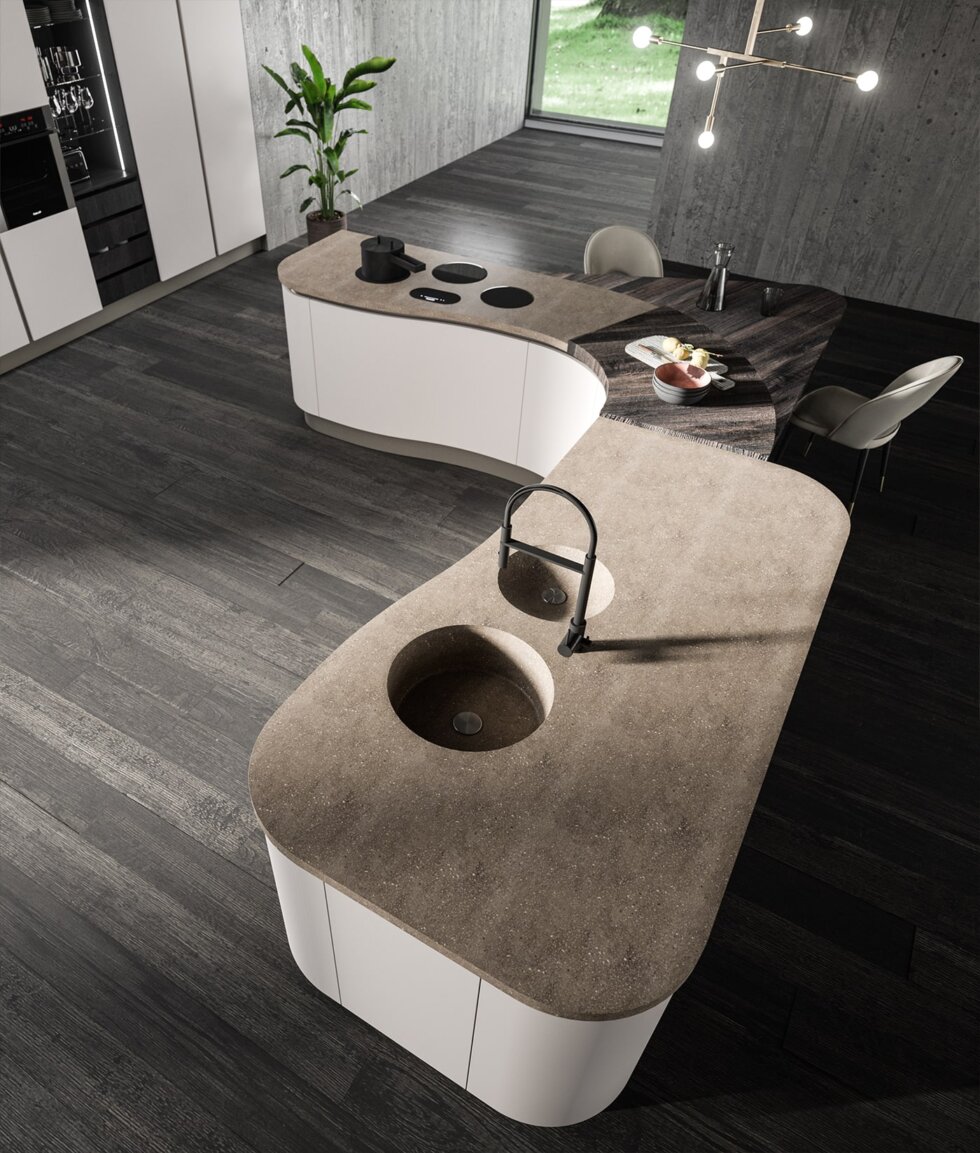 Μοντέρνα κουζίνα με καμπύλη νησίδα